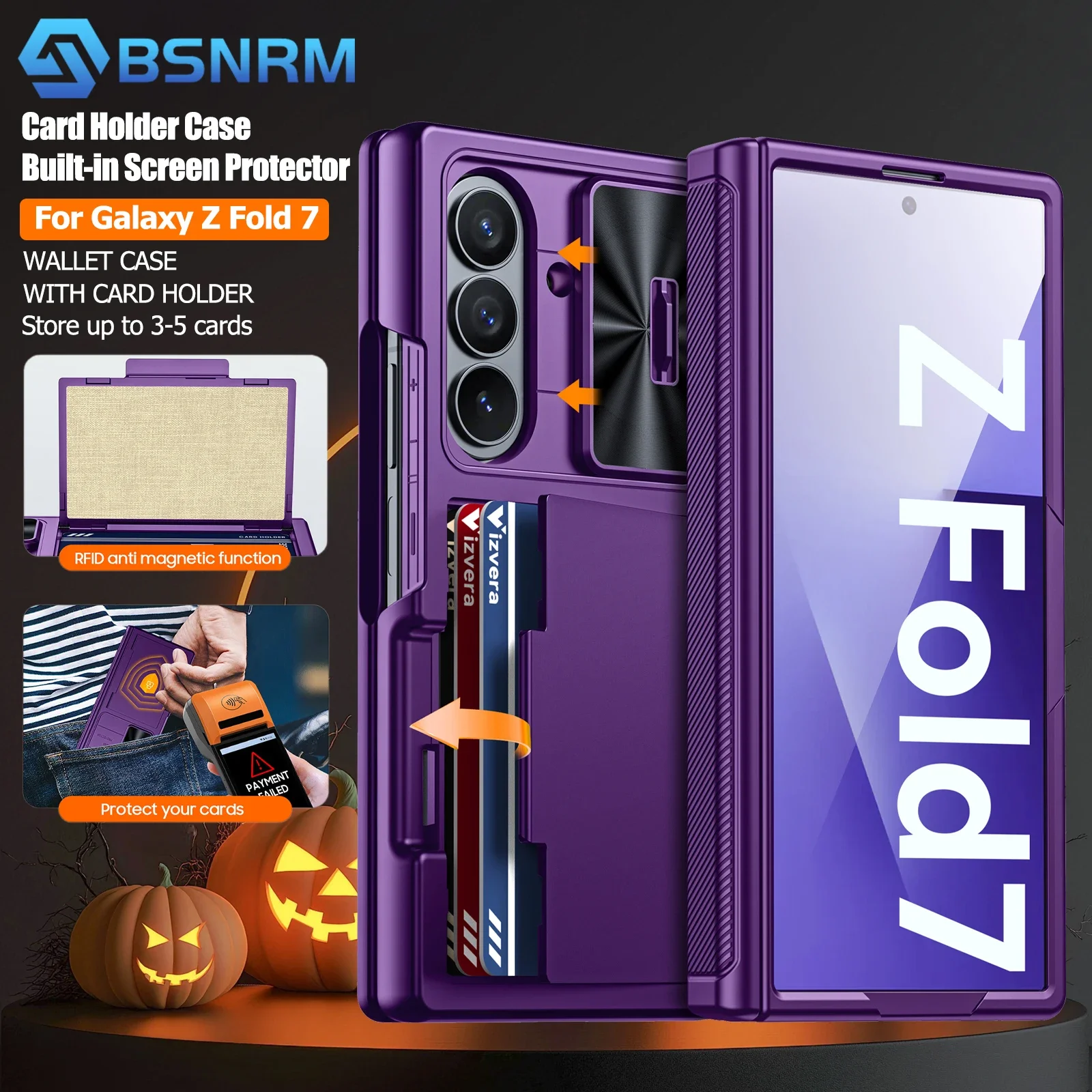 

Подарки на Хэллоуин, с держателем для карт, защитой HD, защита шарниров, чехол для камеры с раздвижным механизмом, прочный чехол для Galaxy Z Fold 7-фиолетовый