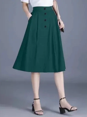 

Slimming High Waist Pleated Skirt Women's Business Casual A-Line Midi Skirt Elastic Waist Polyester Fiber Summer Skirt