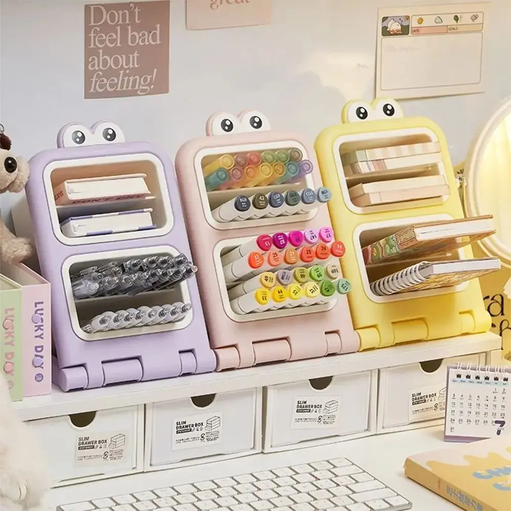 

Removable Desktop Slanting Organizer Large Capacity Cartoon Cosmetics Storage Box Colorful Divided Brush Storage Container
