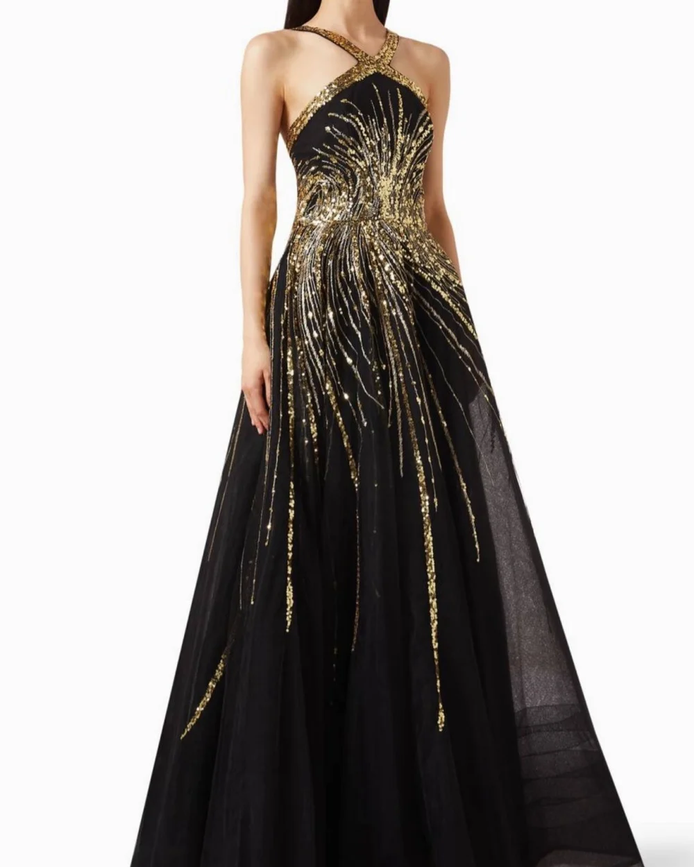

Customized Sparkle Women Tulle Sequined Ruched A-line Evening Dresses Sexy Matching Halter Sleeveless Floor Lenght Prom Dresses