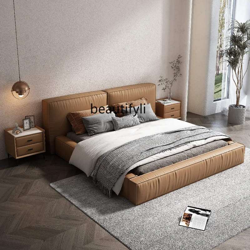 First Layer Cowhide Silent Style Bed in Master Bedroom Simple Modern Genuine Leather Soft Cushion Double Bed Nordic Cream Style