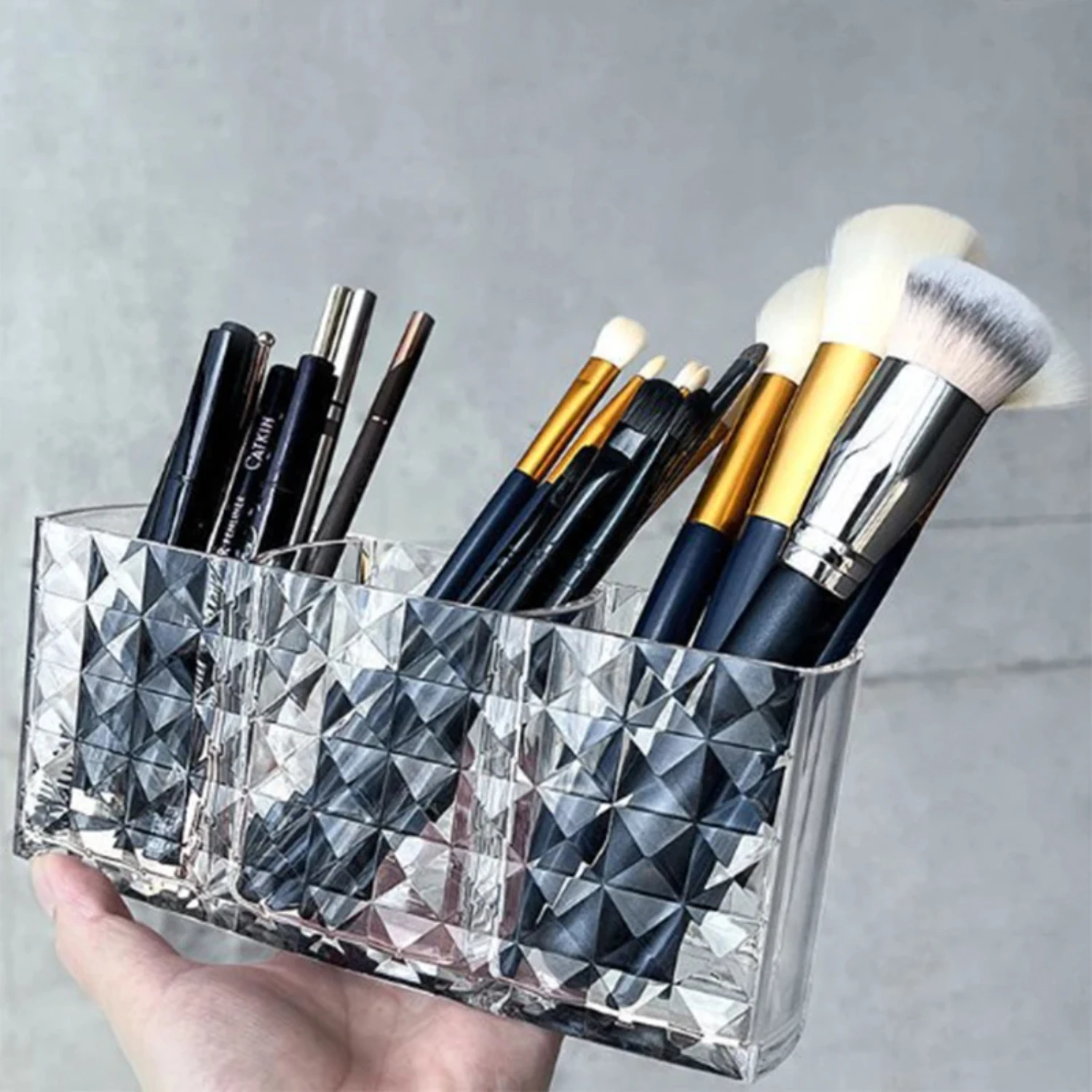 Estante para lápices de cejas y brochas de maquillaje, tres compartimentos, caja transparente de gran capacidad, portalápices de papelería