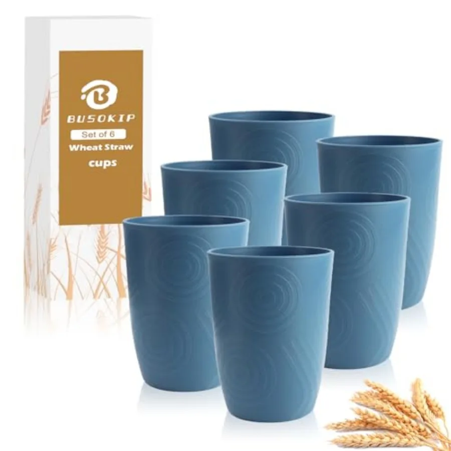 

Premium Wheat Straw Cups Set of 6, Drinking Glasses, Alternative to Plastic Cups Reusable, Unbreakable Water Cup, Microwave and