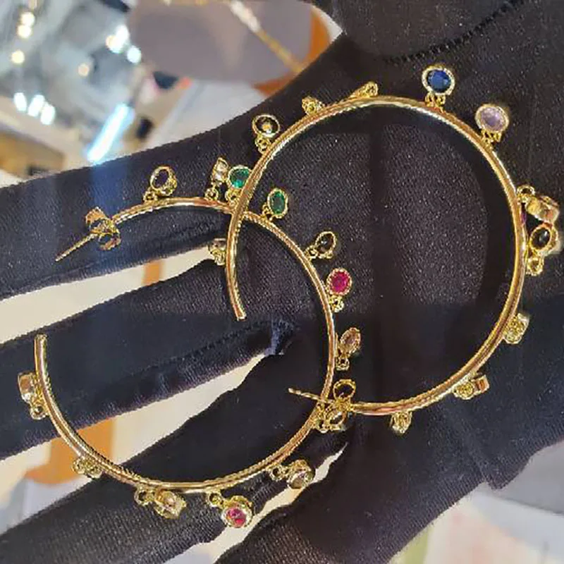 Women colorful zircon circular gold plated ring earrings hoop elegant fashion jewelry for ladies