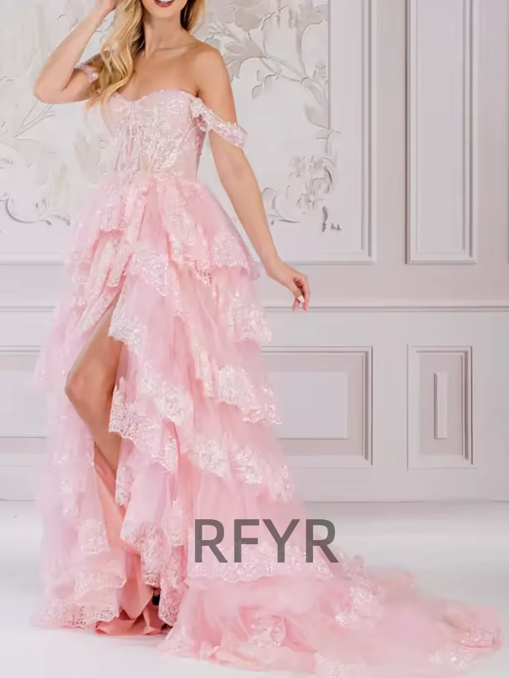 Rfyr Glitter Königsblau Ballkleid exquisite abgestufte Schicht eine Linie Party kleid hoch von der Schulter getrennt