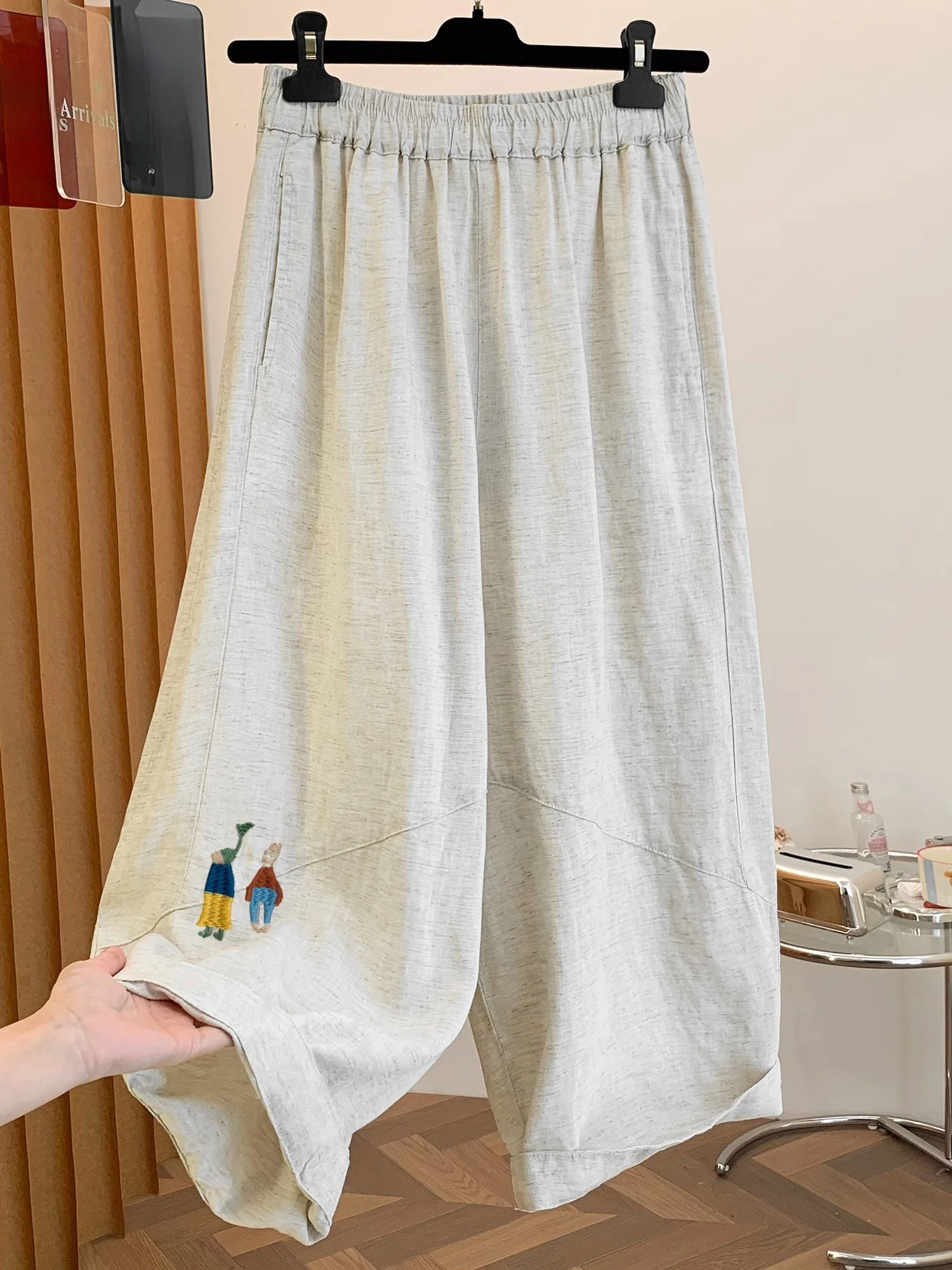 Retro Creative Cartoon Embroidery Linen Wide Leg Pants Women Summer Elastic Waist Loose Large Size Breathable Casual Trousers
