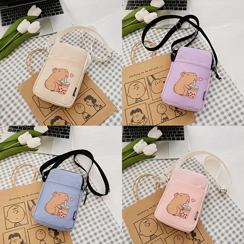Borsa per cellulare Kapibara Bubble Tea Pattern, portamonete alla moda in quattro colori, regalo per borsa a tracolla multifunzionale con cerniera