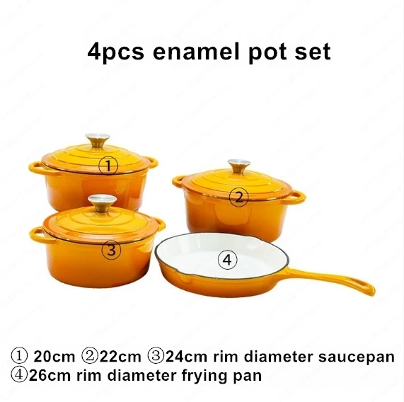 4pcs Enamel Cast Iron Cookware Set Four-Piece Multi-Function Non-Stick Frying Pan and Stew Pot for Home Kitchen Use