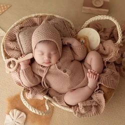 Newborn Photography Props Baby Knitted Jumpsuit + Hat 2pcs/Set Wooden Rattle Simulation Plants Infant Photoshoot Accessories