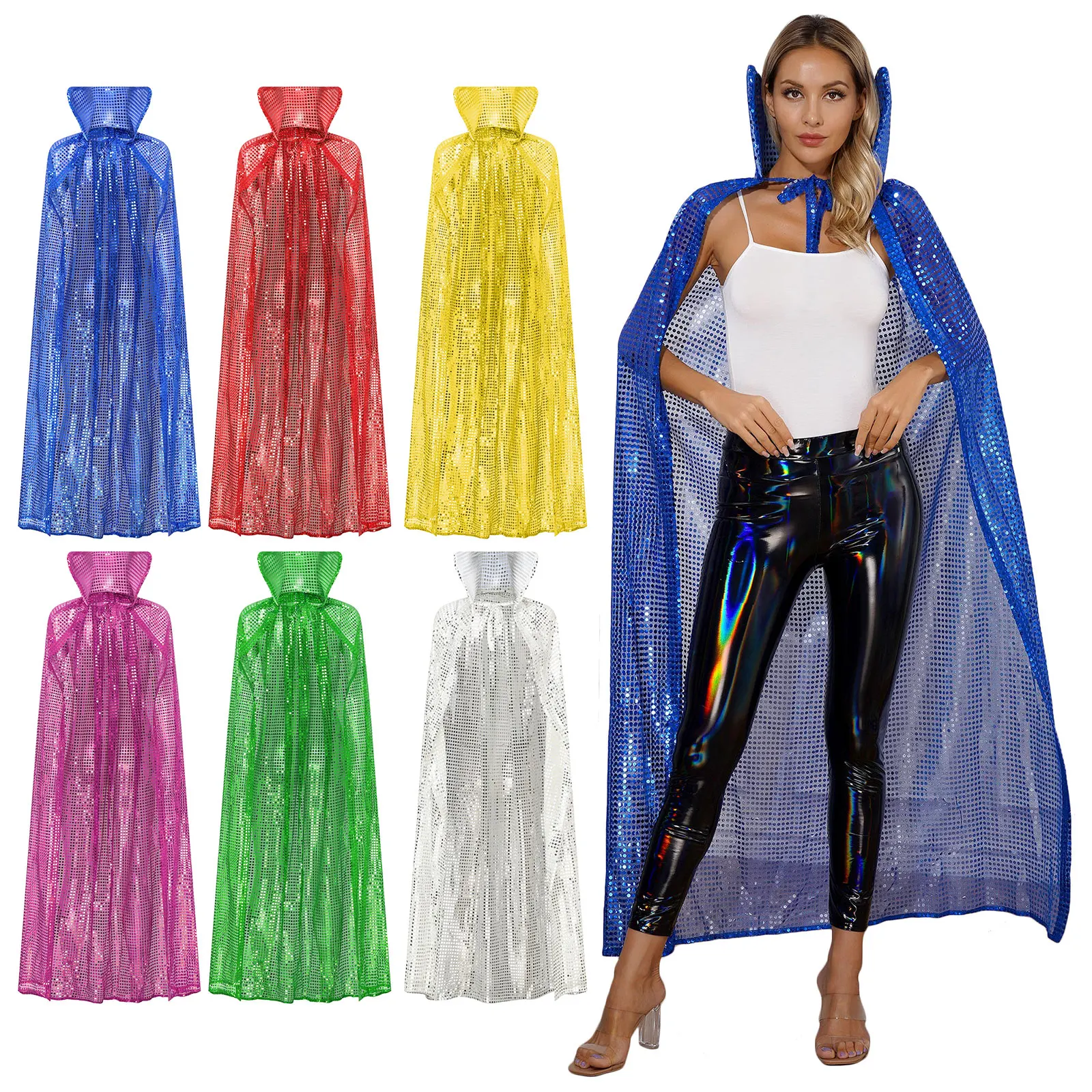 

Halloween Vampire Witch Princess Cloak for Womens Mens Shiny Sequin Stand Collar Maxi Cape Long Cloak Xmas Party Cosplay Costume