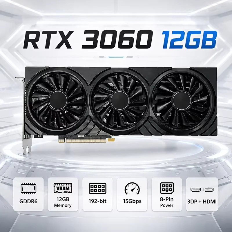 Carte graphique silencieuse RTX 3060 12 Go Triple Fan GDDR6 GPU pour PC de bureau, jeux, IA et apprentissage profond