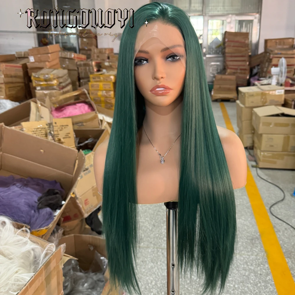 Green Straight Synthetic Front Lace Wigs For Women Dark Green Wig Silk Straight Synthetic Hair Lace Wigs Cosplay Daily Wear Part