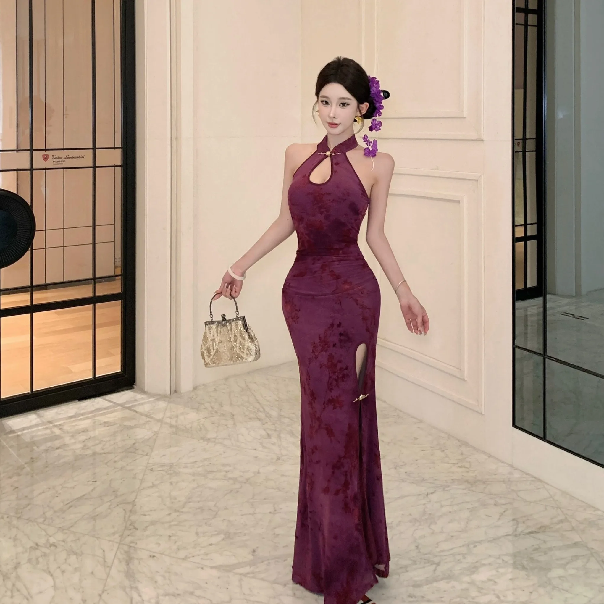 Ele Velvet Dr مع تصميم دانتيل عالي الجودة لربيع وصيف جديد Sle تنورة نسائية طويلة قابلة للتنفس