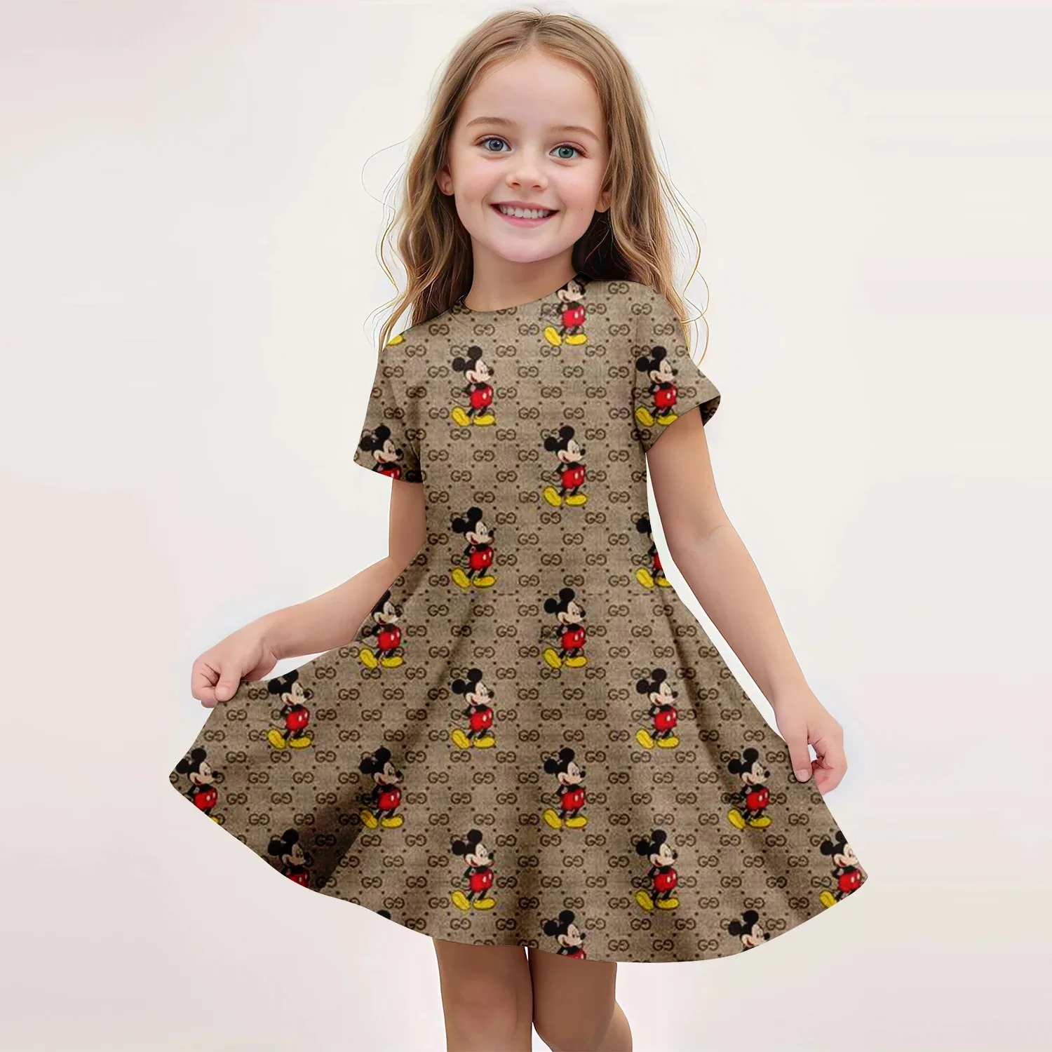 

Mickey Mouse Summer Girls' Skirt Short Sleeve Dress 3D Printed Cartoon Disney Cute Children's Fashion MNSO Party Trendy Clothing