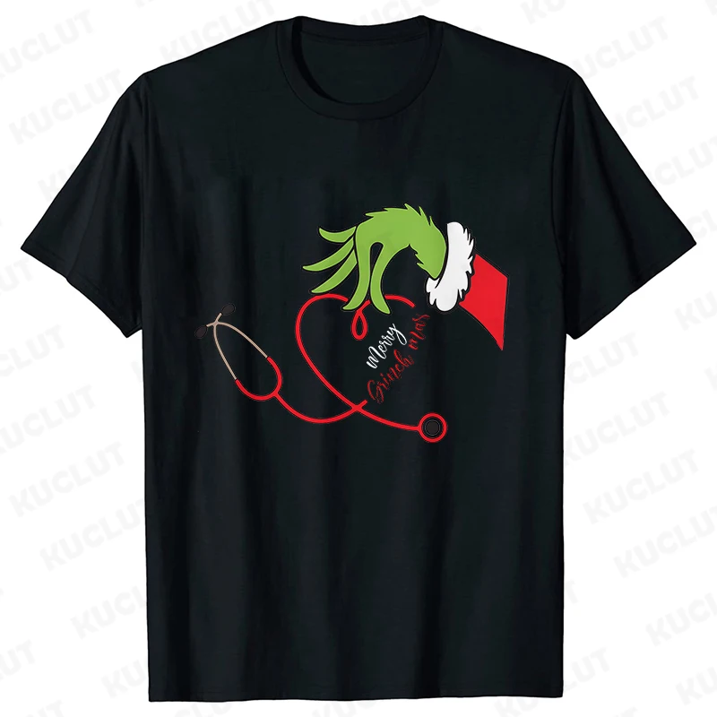 Merry Grinchmas T-Shirt for Women Funny Stethoscope Graphic Tops for Doctor Nursing Gift Xmas Short Sleeve Tees Female Clothing