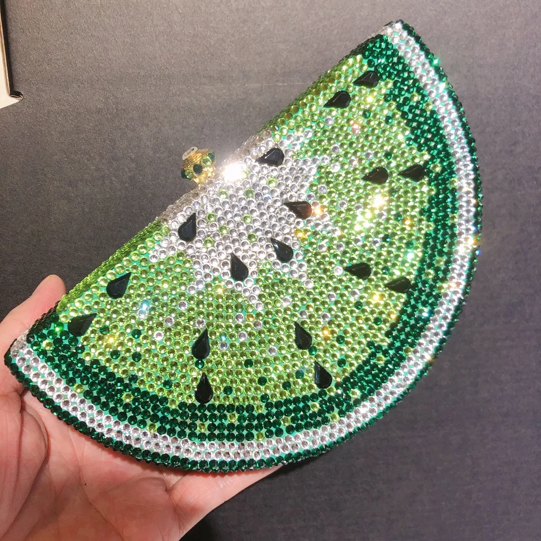 2026Lemon Watermelon Diamond Dinner Bag Flat Bottom Full Diamond Clutch Luxury Banquet Women's Handbag Stone Carteras Para Mujer