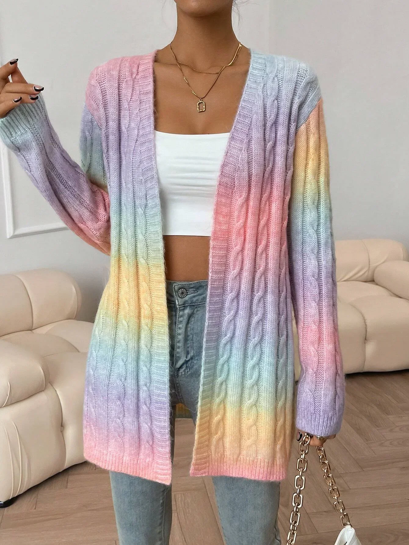 Autumn Vintage Cardigans Winter New Women\'s Sweater New Pockets Rainbow Tie-dye Mid-length Cardigan Knitted Sweater Jacket