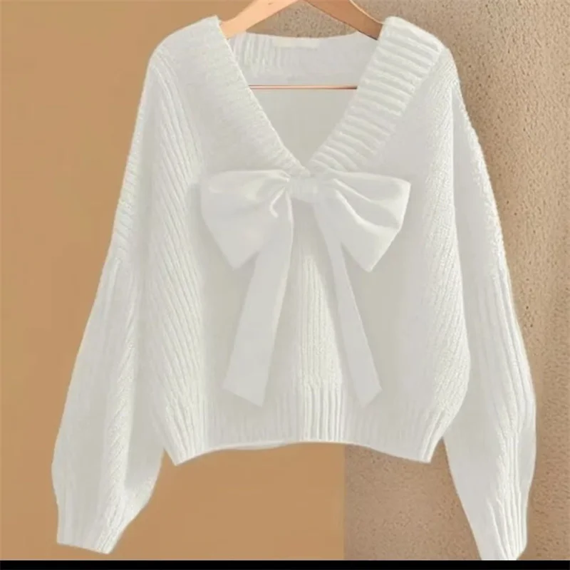 

NEW 2025 Fashion Bow Design Knitted Sweater Spring Autumn Winter Women's Knitwear Top Korean Style Versatile Pullover Shirt