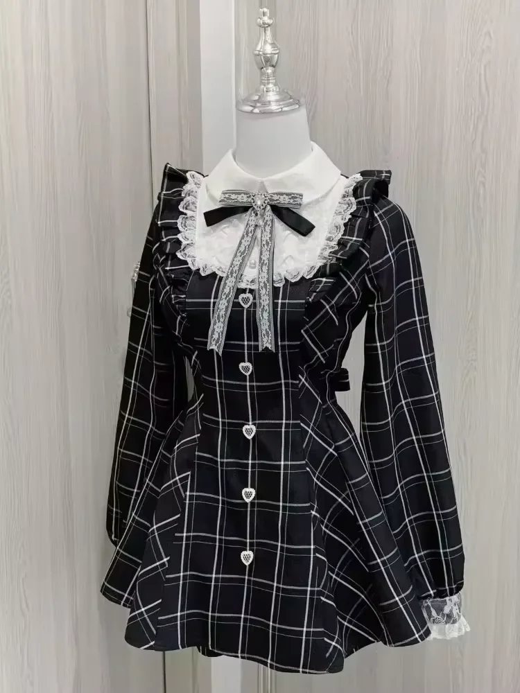 Japanres Sweet Preppy Style Bow Ruffles Dresses Women Y2k Harajuku Slim Mini Dress Autumn Gothic Plaid Long Sleeve Party Dress