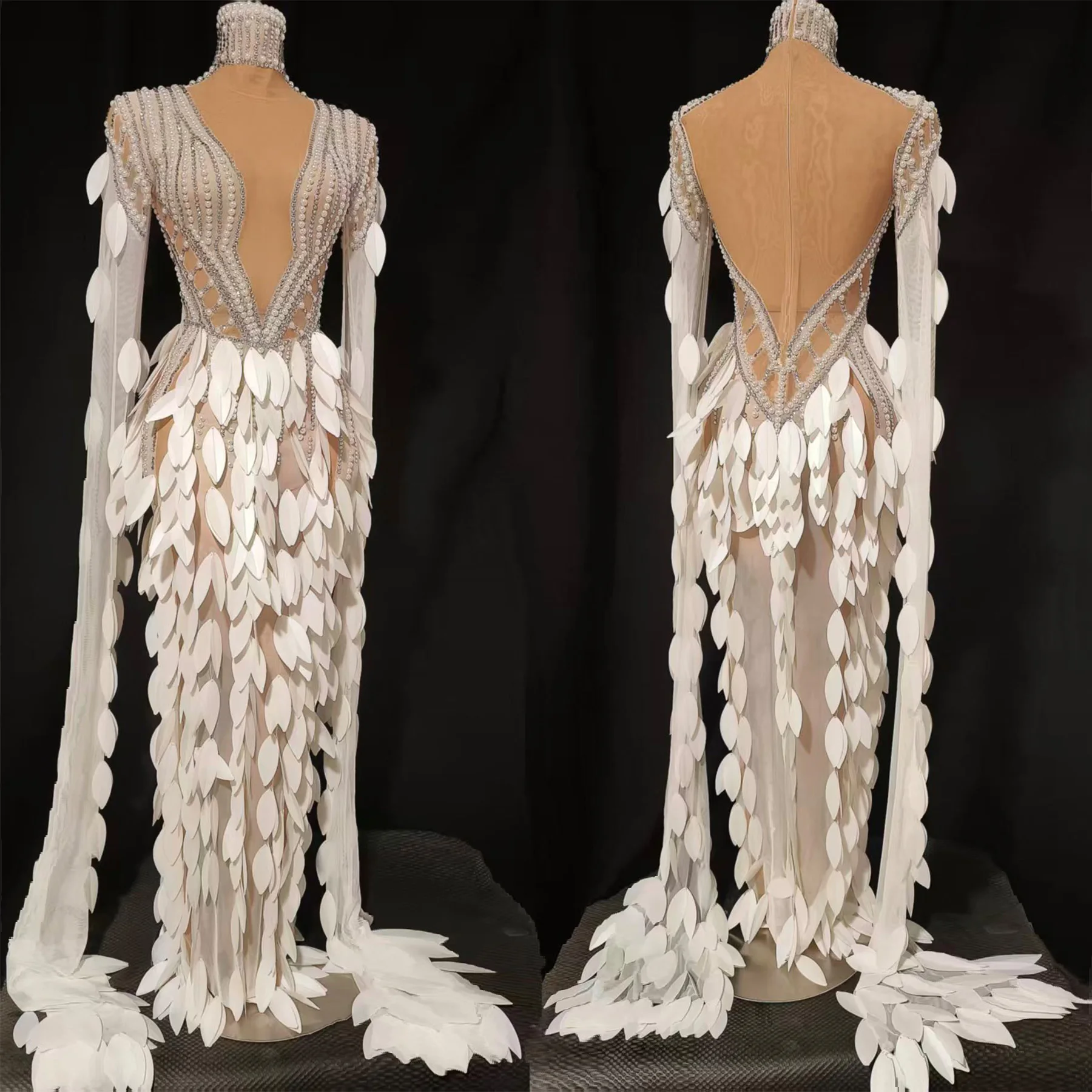 Changer elegante feminino vestido de pérola sexy branco transparente malha em camadas pena vestido longo bar palco desempenho traje vestido de baile