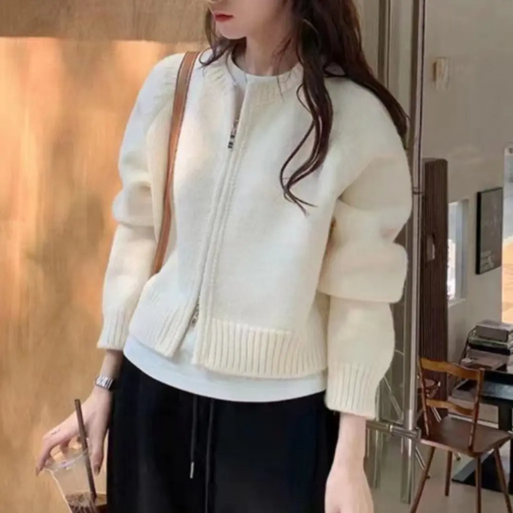 

Japanese Korean Style Thick Needle Zipper Short Knitted Sweater Cardigan Women's Autumn Top Jacket French Lazy Fashion