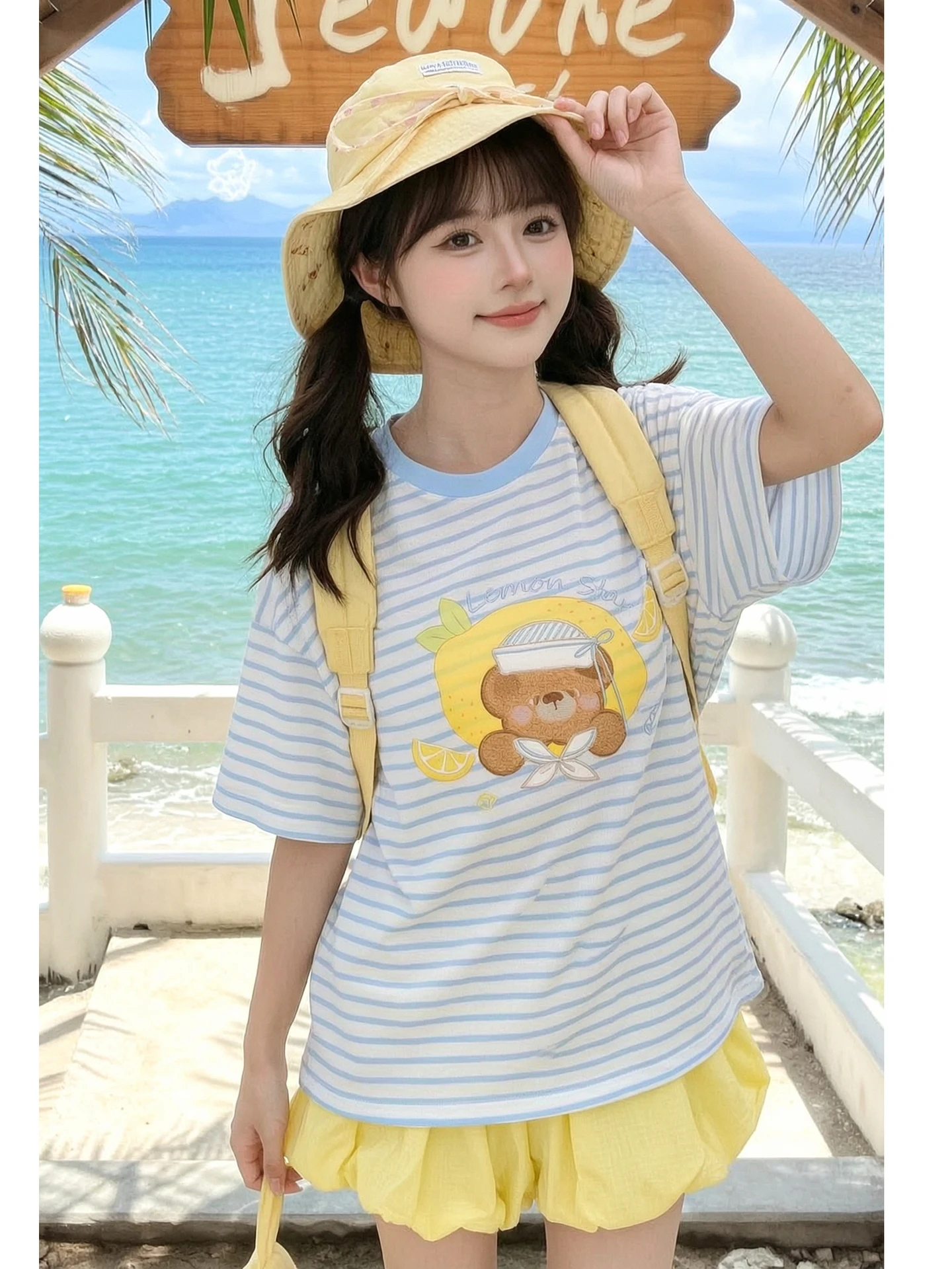 Summer Stripe T-Shirt Women's Cute Bear Print Loose Top Short Sleeve Sweet Style Universal Fit Casual Sweet Cartoon Pattern