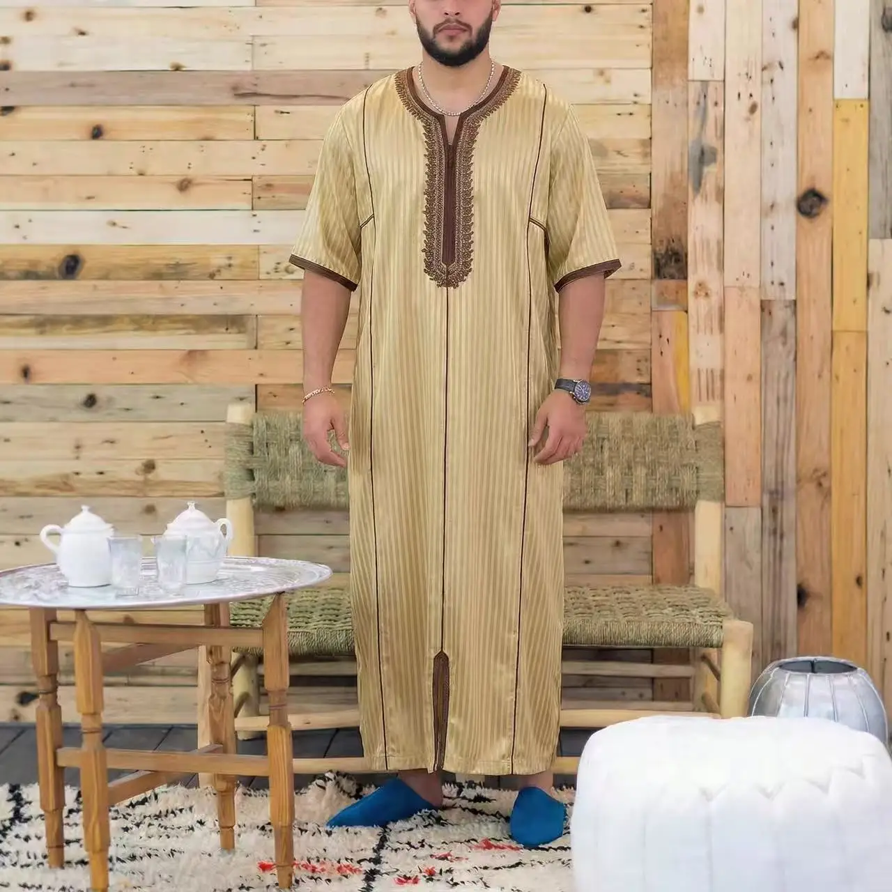 Muslim Men's Morocco Gandoura Thobe Loose Short Sleeves Gorgeous Embroidery Comfortable Islamic Men's Traditional Clothing Party