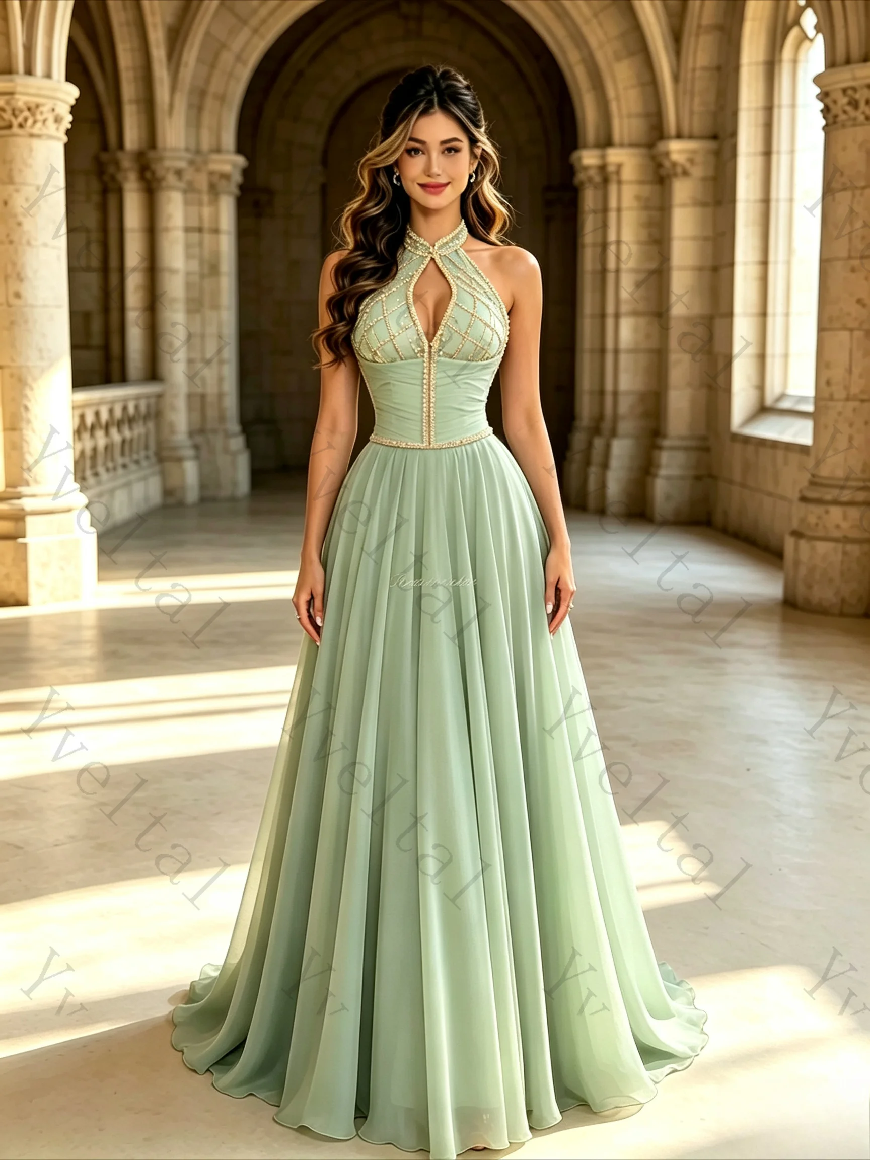 Customized Women’s Elegant Halter Keyhole A-Line Beaded Bodice Long Evening Gown for Prom Cocktail After Party Formal Occasion