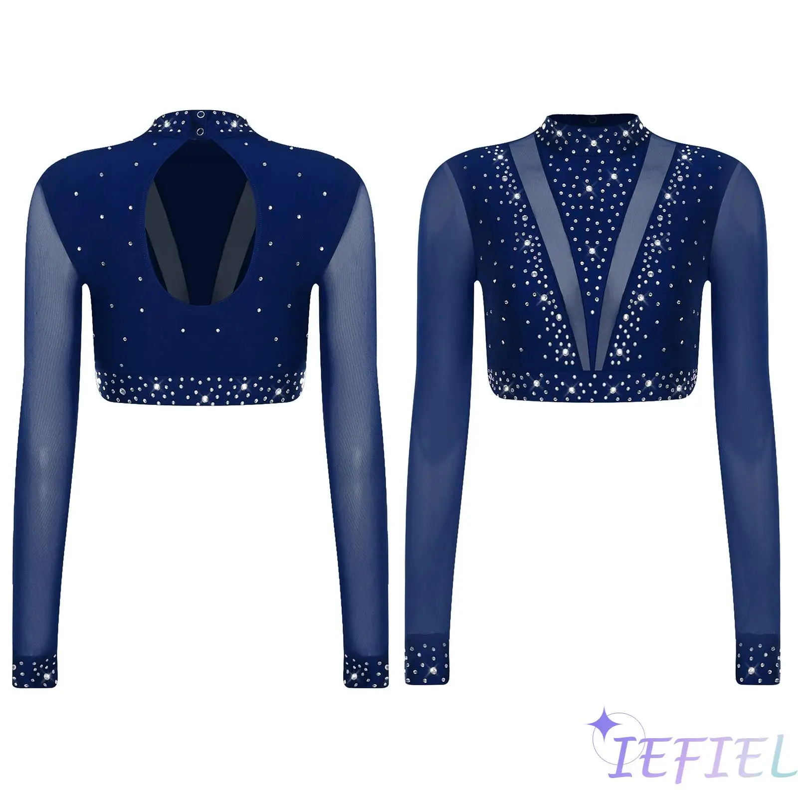 

Womens Glittery Rhinestone Latin Dance Crop Tops Sheer Mesh Back Hollow Out Dance Costume for Belly Dance Modern Lyrical Dance