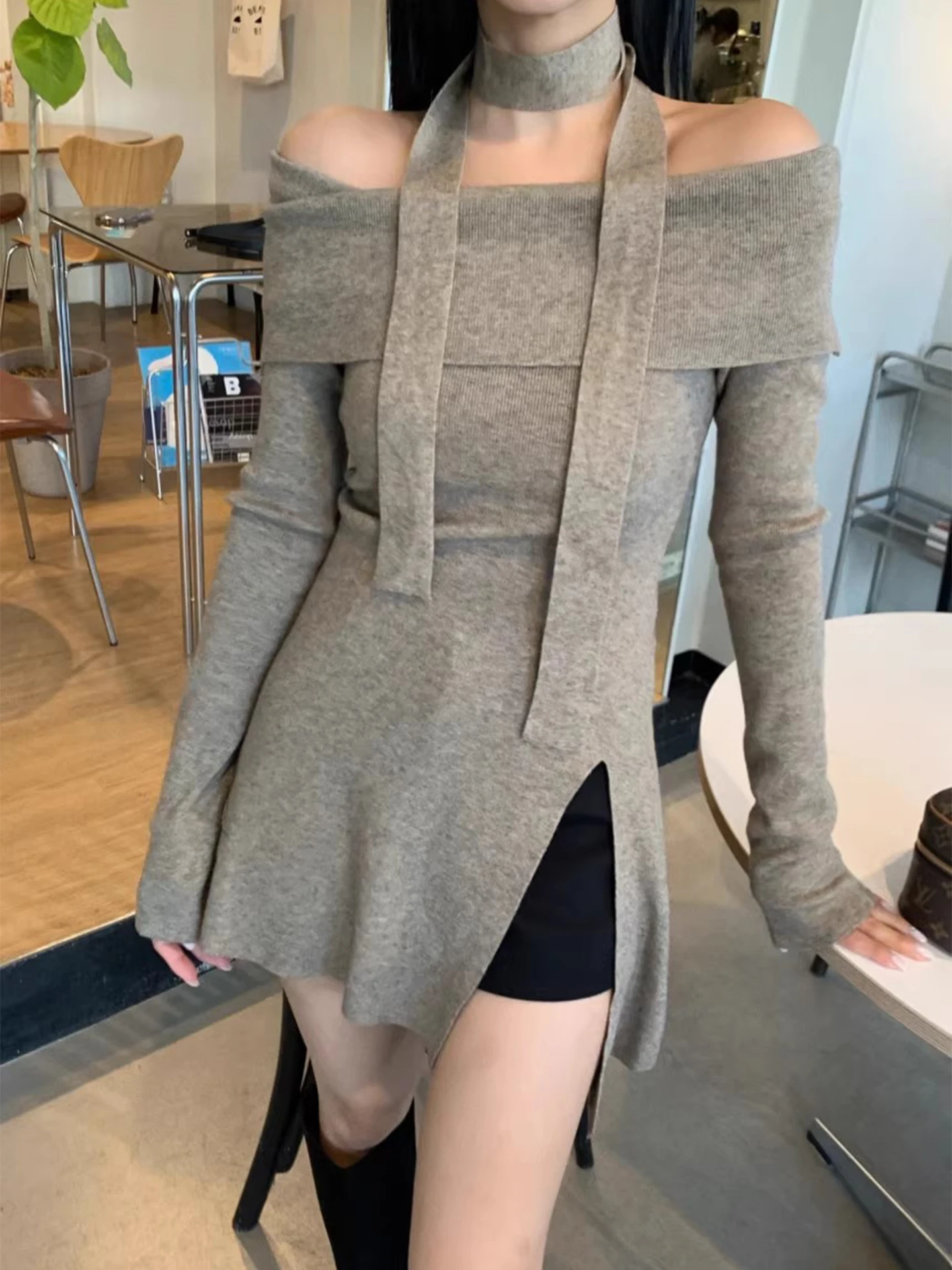 

oulder Bared Knitted Sweater Women's Sli Slim Fit Long Sve One oulder Design Winter New Faion Side Slit Sweater