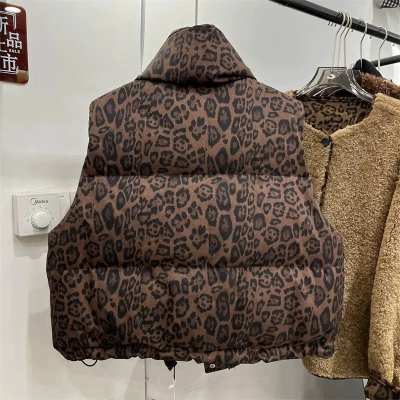 

Women's New Cotton Leopard Print Vest Short Leopard Print Stand Collar Vest Cotton Vest Warm Zipper Button Pocket Vest Coat