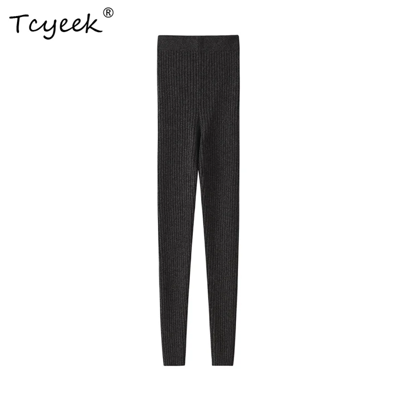 Tcyeek, 35 % Kaschmir, 65 % Wolle, warme lange Unterhose, weiche Damen-Leggings mit hoher Taille, Strickhose, 2024 Herbst-Winter B48612QC