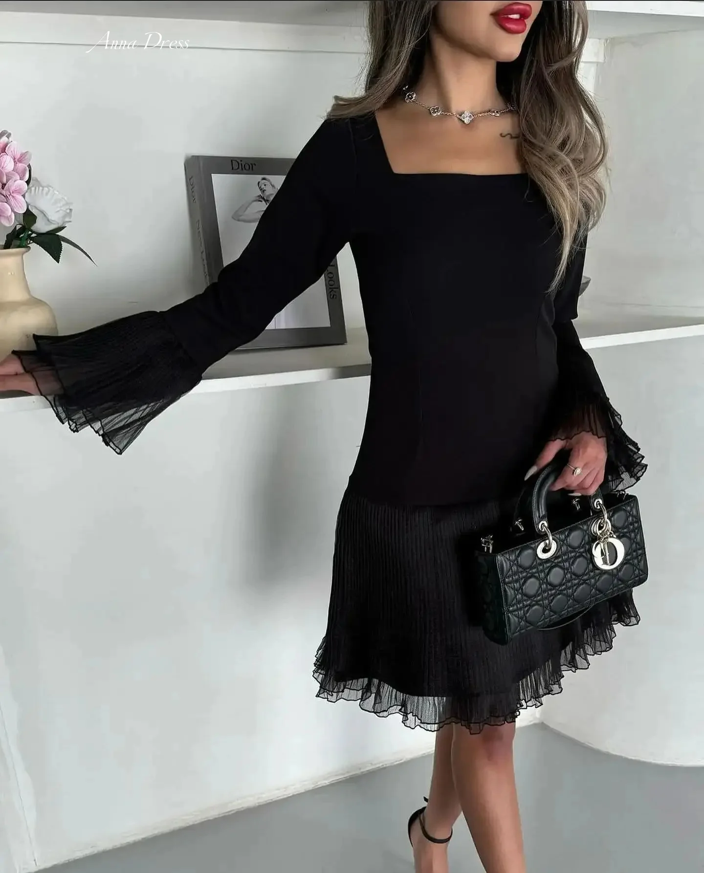 

Anna Long Sleeves Formal Dress Women Elegant Party Square Collar Short Skirt Elegant Party Dresses Woman Wedding Saudi Arabia