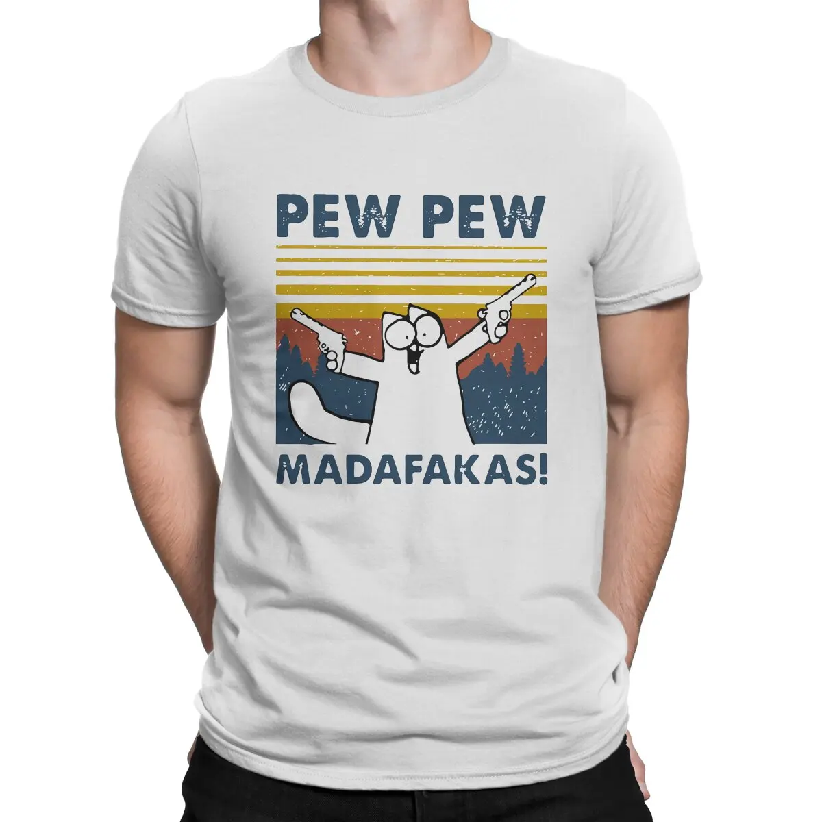 Men's Cool T Shirts Pew Pew Madafakas Cat Animal Cotton Tops Novelty Short Sleeve Crewneck Tees Classic T-Shirts