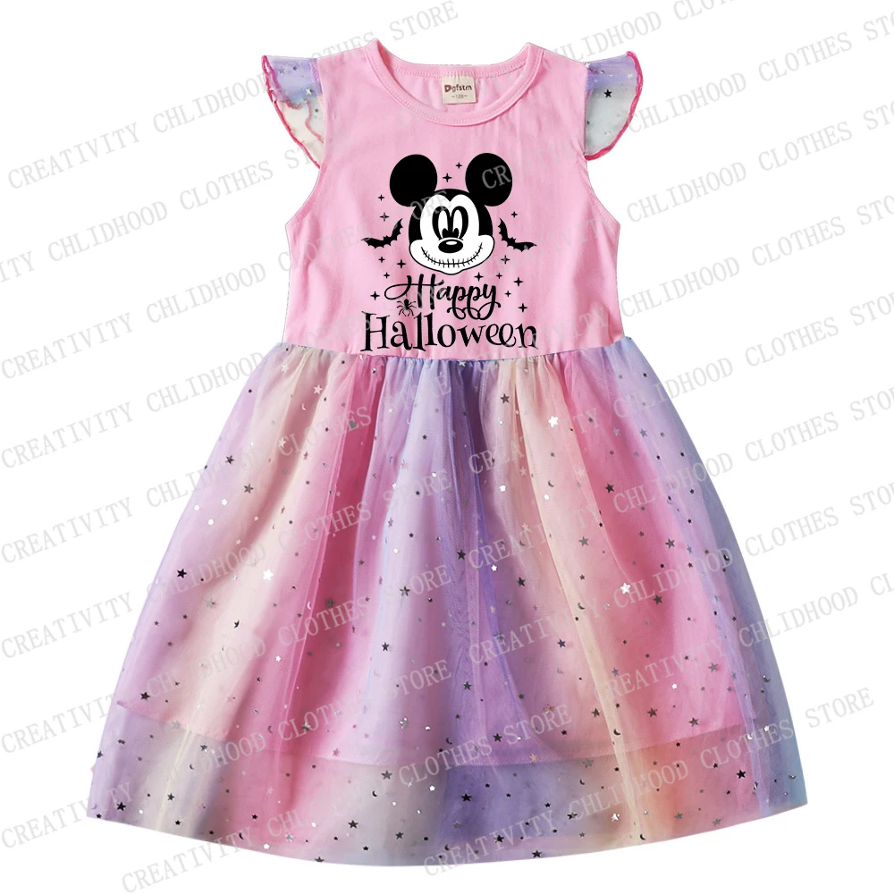 Ponto Mickey Mouse infantil Vestido, Princesas, Desenhos animados, Roupas casuais para meninas, Manga voadora de gaze, Presentes infantis, Vestidos de Halloween