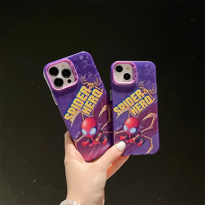 Hot Movie Cute S-Spider Man Phone Case For Apple iPhone 15 14 13 12 11 Pro Max Cartoon Color Electroplated Shockproof Back Cover