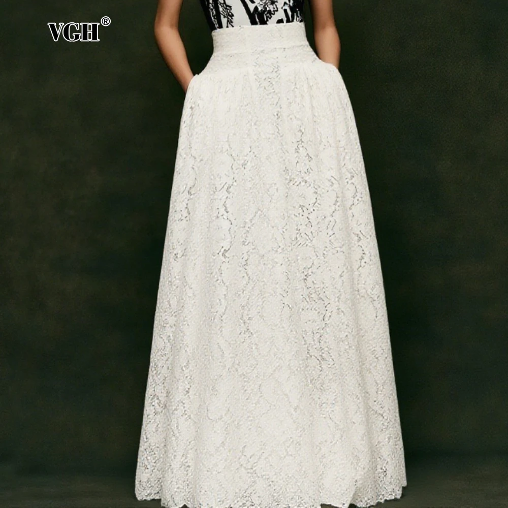 

VGH Vintage Patchwork Lace Hollow Skirts for Women High Waist Spliced Zipper Temperament Autumn Long Skirt Female Fashion Style