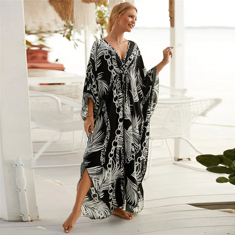 Damska sukienka plażowa Plus Size Animal Print V-Neck Batwing Kaftan Strój kąpielowy Cover-Up Loungewear