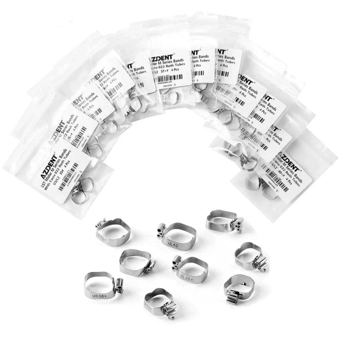 4 Stück/Packung AZDENT Dental Kieferorthopädische Bukkalröhrchen-Bänder, Dreifachröhrchen für 1. Molaren, Roth.022 U3/L2 Größe 35 # -40 # Konvertierbar – Detail 1