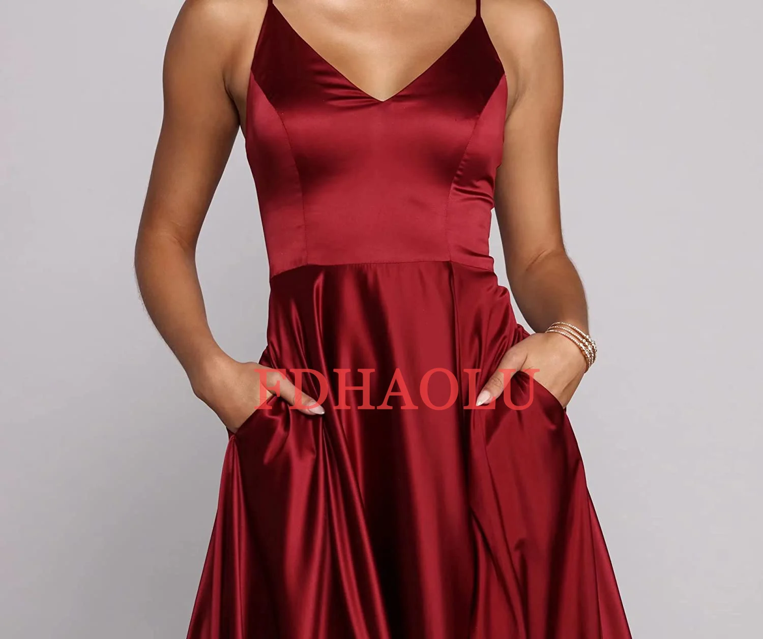 Fdhaolu tamanho personalizado alça de ombro feminina vestido de baile longo com bolsos cetim formal vestido de noite com split ru178