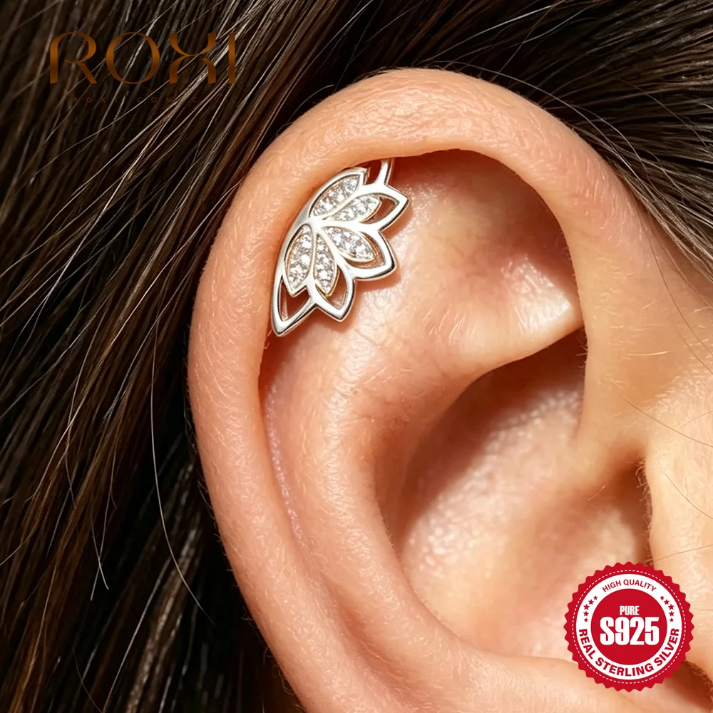 ROXI 925 Sterling Silver Skeletonized Lotus Crown Women's 18K Gold Plated Smooth Wave/Branches Helix Conch Lobe Piercing Earring