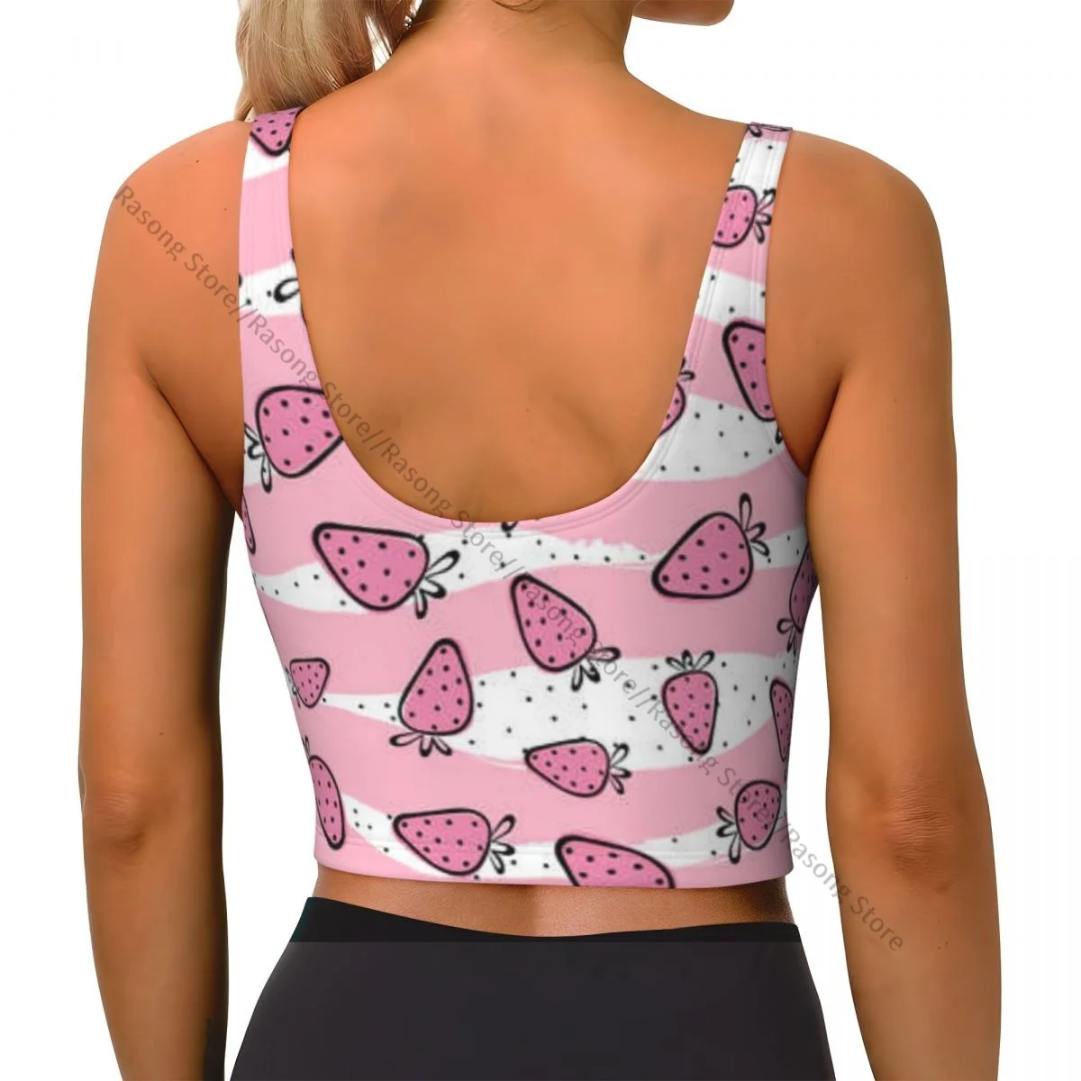 Women Sexy Sports Vest Sweet Strawberry On Stripes Background Female Streetwear Sport Lingerie Tee Crop Top