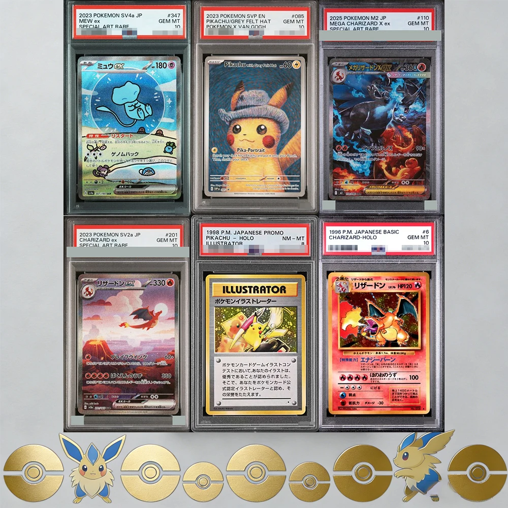 Coleção de Cartas de Classificação PTCG DIY JP EN MEGA CHARIZARD PROMO ILLUSTRATOR PICHU Charmander MEWTWO Bulbasaur Anime Jogo Presente Brinquedo