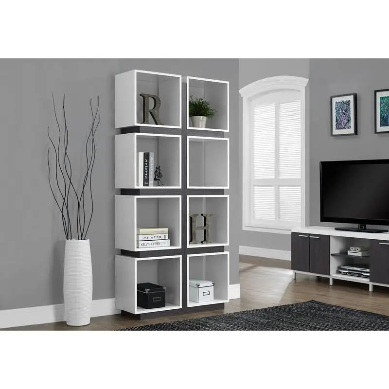 Estante contemporânea de 5 camadas Etagere em laminado cinza e branco para escritório ou quarto, 71 polegadas de altura