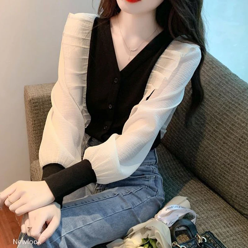 Autumn Elegant Fashion Office Lady Commuter Shirt Women All Match V Neck Long Sleeve Patchwork Button Ruffles Lantern Sleeve Top