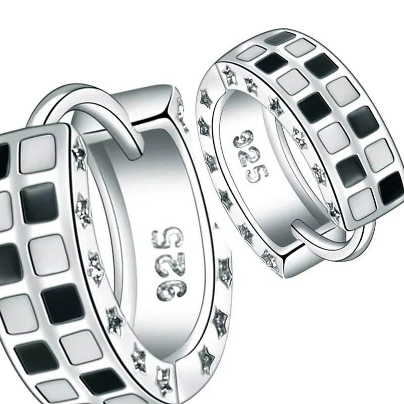Stamp 925 Sterling Silver White Black Circle Hoop Earrings For Women Trendy Jewelry Girl Gift New