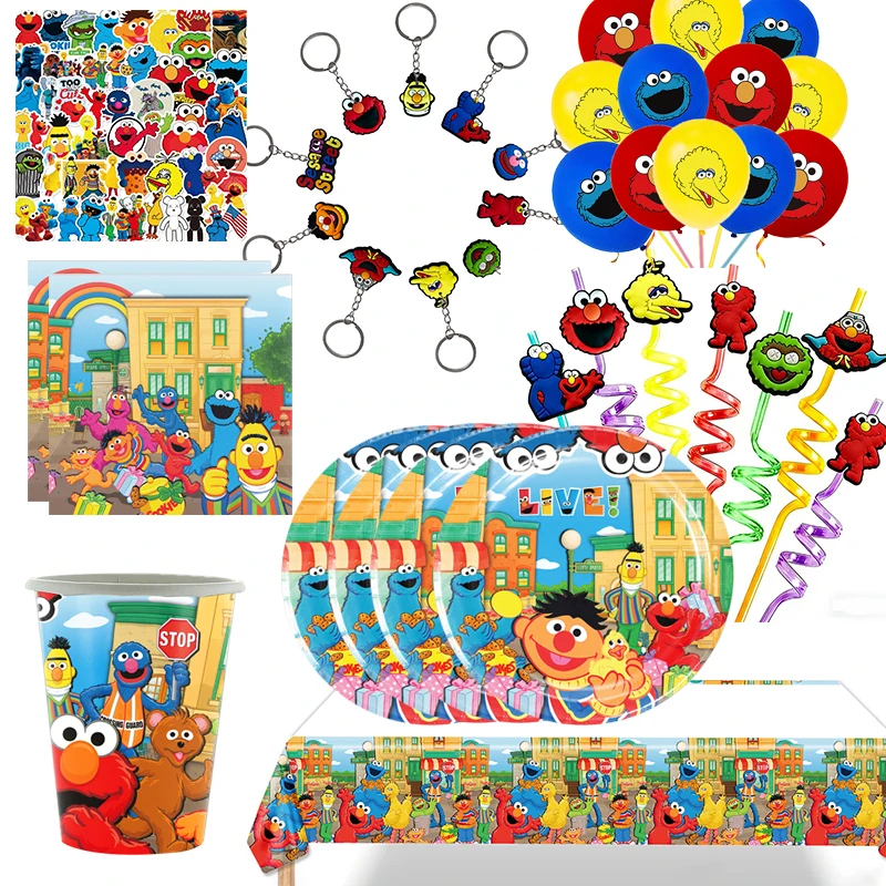 Artículos para Fiestas de Cumpleaños, Set de Vajilla Temática de Sesame Street, Llavero y Vaso para Bolsas de Regalo, Rellenos para Bolsas de Regalos