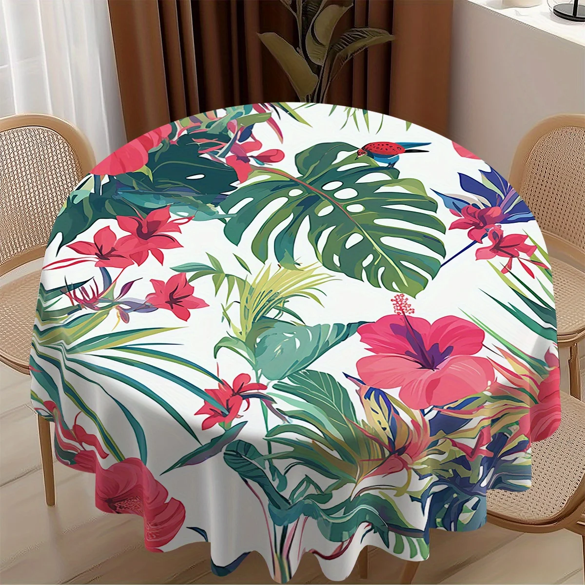Tropical Hibiscus Tropical Leaf Bird Digital Print Round Tablecloth 60-Inch Machine Fabric Vibrant Red Hibiscus Flowers