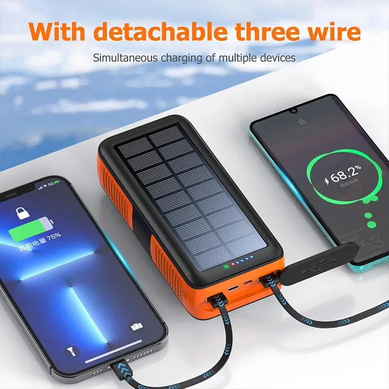 50000mAh Solar Power Bank  Portable 2 USB Ports Power Bank Backup Battery LED Flashlight Built in 3 Cable Outdoor Bateria