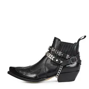 

Men's Black Leather Chelsea Cowboy Ankle Boots Snip Toe with Studded Straps Chain Detail for Punk Rock Gothic Western Fashion